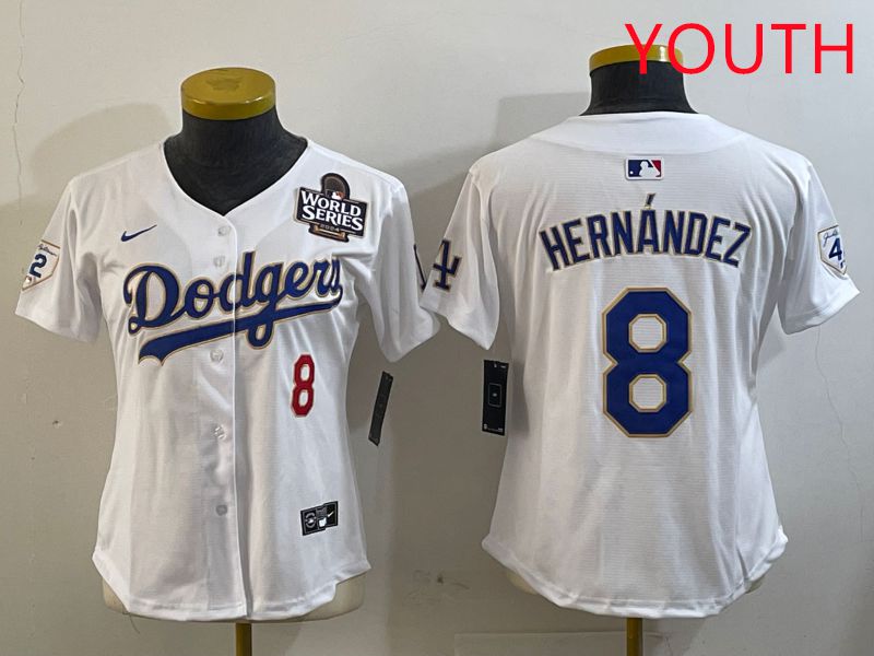 Youth Los Angeles Dodgers 8 Hernandez White Gold Game 2025 Nike MLB Jersey style 1